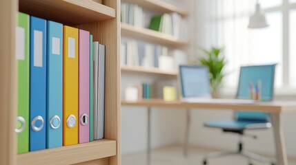 Poster - a modern office interior featuring colorful binders on a shelf, a desk with a computer, and a plant,