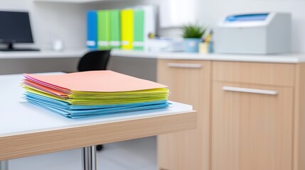 Poster - A tidy office space featuring colorful file folders stacked neatly on a table, with a printer and organized files in the background.medical records in table, focusing on the various files and