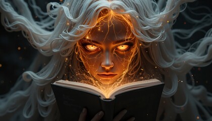 Wall Mural - A woman with a face covered in glitter and a book in front of her