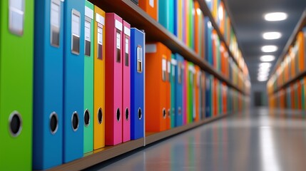 Poster - Colorful file folders lined up on shelves in a modern office space, showcasing organized storage and efficient documentation.medical records in a file cabinet, focusing on the various files and docume