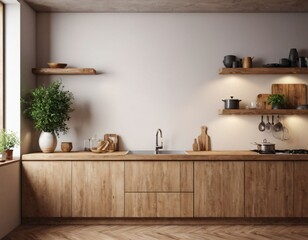 Wall Mural - Modern Kitchen interior with empty blank wall for mockup template display. 3D Rendering