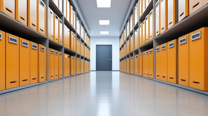 Poster - A modern storage room with neatly arranged orange filing cabinets along the walls, leading to a closed door. Bright lights illuminate the clean, organized space.medical records in a file cabinet, focu