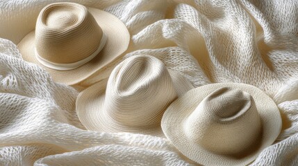 Wall Mural - Three Straw Hats Resting on White Knit Fabric