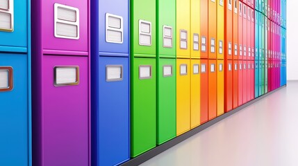 Poster - A vibrant row of colorful storage boxes, neatly arranged in a modern space, showcasing a spectrum of hues from purple to orange.medical records in a file cabinet, focusing on the various files and doc