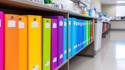 Poster - a vibrant array of colorful file folders on a shelf in an organized office setting, showcasing a nea