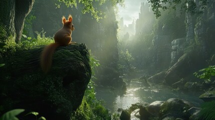 Poster - Squirrel sits upon mossy rock overlooking forested valley scene