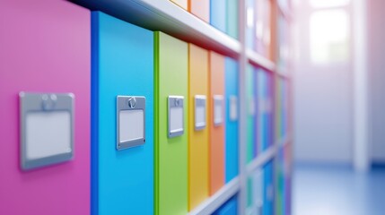 Poster - A vibrant storage system featuring colorful boxes neatly arranged on shelves, ideal for organizing documents and supplies in a modern workspace.medical records in a file cabinet, focusing on the vario
