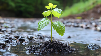 Poster - Young sprout emerging from wet ground by stream