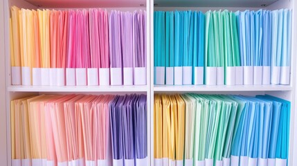 Poster - A colorful array of organized file folders on a shelf, showcasing various pastel shades arranged neatly for easy access.medical records in a file cabinet, focusing on the various files and documents, 