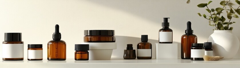 Poster - Minimalist arrangement of amber glass bottles and jars for cosmetics