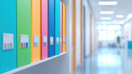 Poster - a vibrant hallway featuring neatly arranged colorful folders, creating an organized and inviting wor