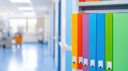 Poster - a colorful row of file folders on a shelf, with a blurred office hallway in the background, creating