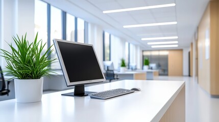 Poster - a modern office space featuring a computer on a desk, complemented by greenery and ample natural lig