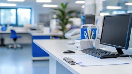 Poster - a modern office workspace featuring a computer, stationery, and a plant, designed for productivity a