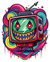Aufkleber - A grinning, distorted television screen displaying chaotic static patterns; vibrant, unsettling colors dominate the image.