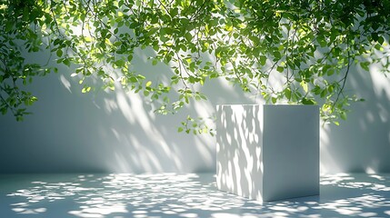 Aufkleber - Cube on display under leafy branches with sunlight, shadows in background, minimal showcase