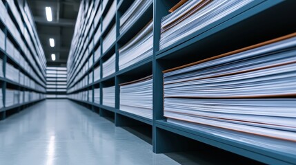 Poster - A neatly organized storage area filled with stacked documents on shelves, showcasing an efficient archival system in a modern environment.A close-up of medical records in a file cabinet, focusing on t