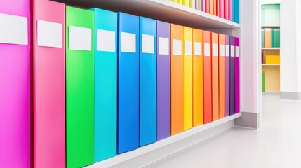 Poster - A vibrant shelf filled with colorful binders, organized neatly, showcasing a variety of hues in a bright, modern space.A close-up of medical records in a file cabinet, focusing on the various files an