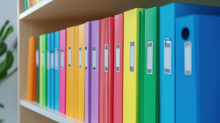 Poster - a colorful array of binders neatly arranged on a shelf, showcasing various vibrant hues, ideal for o