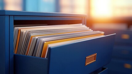 Poster - A close-up of an open blue filing cabinet drawer filled with neatly organized documents, illuminated by soft sunlight in the background.A close-up of medical records in a file cabinet, focusing on the
