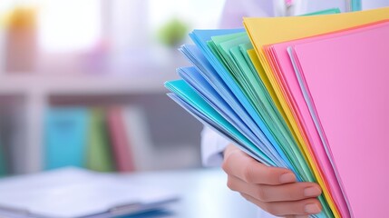 Poster - a colorful stack of folders held in a person's hand, showcasing vibrant hues against a softly blurre