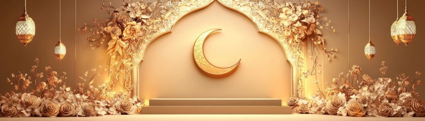 Aufkleber - Golden crescent moon stage surrounded by elegant floral decorations