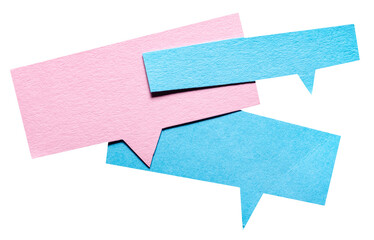 Poster - Pink blue blank cut out cardboard paper speech bubbles with rough edges and copy space for text on transparent png background conversation discussion design element