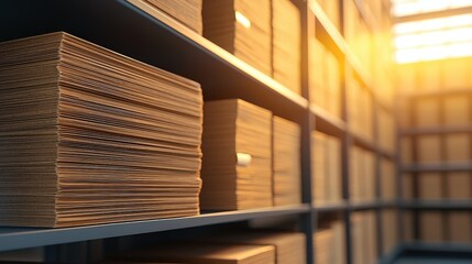 Poster - A warm-lit warehouse with neatly stacked cardboard boxes on shelves, suggesting organization and storage efficiency.A close-up of medical records in a file cabinet, focusing on the various files and d