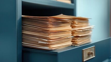 Poster - A stack of organized, aged file folders in a blue cabinet, showcasing an efficient way to manage documents and maintain order in an office setting.A close-up of medical records in a file cabinet, focu