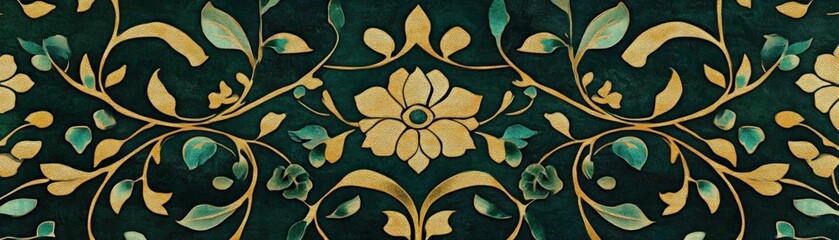 Poster - Elegant Gold and Teal Floral Design on Dark Green Background