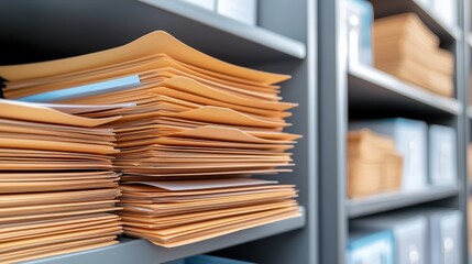 Poster - A close-up view of organized files and folders stacked on shelves, showcasing an orderly office environment focused on documentation.A close-up of medical records in a file cabinet, focusing on the va