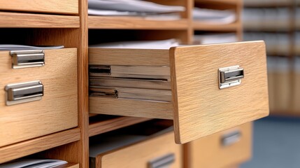 Poster - A wooden drawer partially open, revealing organized papers inside, set against a backdrop of similar drawers, highlighting a classic storage solution.A close-up of medical records in a file cabinet, f