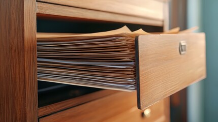 Poster - A wooden filing cabinet drawer partially open, revealing neatly organized files and papers inside, set against a softly blurred background.A close-up of medical records in a file cabinet, focusing on 