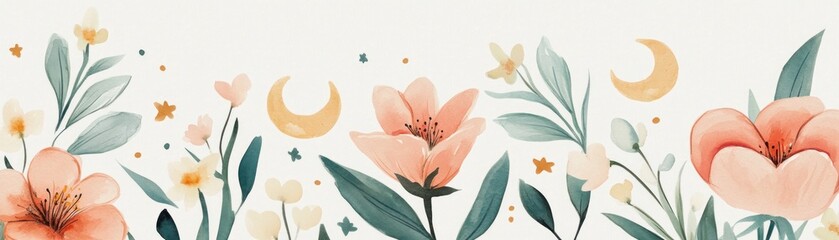 Poster - Watercolor floral arrangement with moon and stars on white