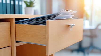 Poster - A wooden drawer is slightly open, revealing organized files and papers inside, with a cozy office atmosphere illuminated by natural light.A close-up of medical records in a file cabinet, focusing on t
