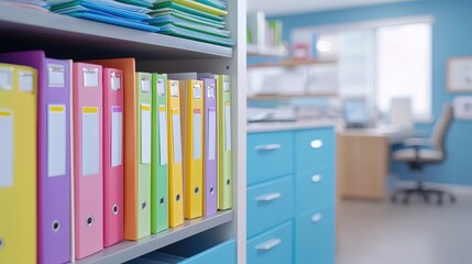 Poster - A brightly colored shelf filled with organized binders and folders in a modern office space with a blue wall and a desk in the background.A close-up of medical records in a file cabinet, focusing on t