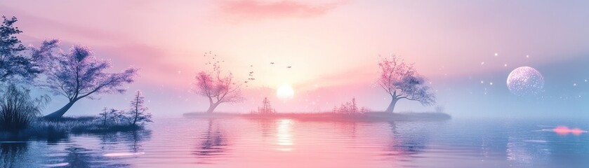 Poster - Beautiful fantasy landscape with island trees and soft pastel colors