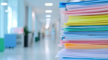 Poster - a vibrant stack of colorful papers stands in focus, with a blurred corridor in the background, sugge