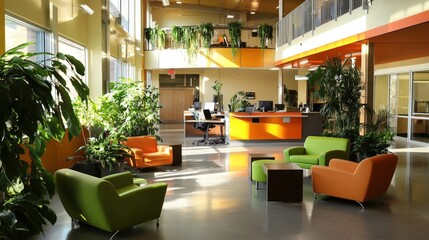 Poster - a vibrant and eco-friendly office space with recycled furniture, natural lighting, and green plants 