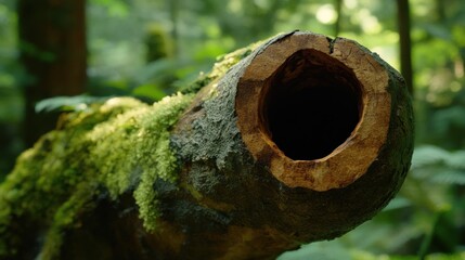 Aufkleber - A mossy log has a large hole through its center