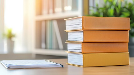 Poster - A stack of orange and yellow bound documents rests on a wooden desk, accompanied by a blank notepad, with a blurred background of books and greenery.A close-up of medical records in a file cabinet, fo