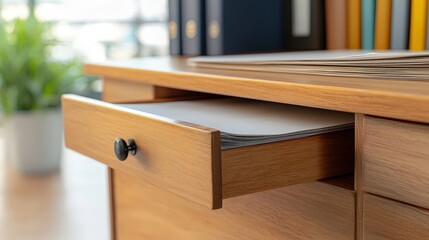 Poster - a close-up view of a wooden desk drawer partially open, revealing a sheet of paper and a modern offi