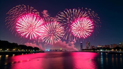 Aufkleber - A city skyline is lit up with fireworks. The fireworks are pink and are scattered throughout the sky