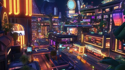 Poster - a vibrant cyberpunk cityscape with neon-lit buildings and tech-inspired designs