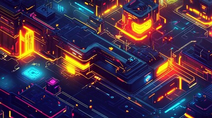 Poster - a vibrant cyberpunk cityscape with neon-lit buildings and tech-inspired designs