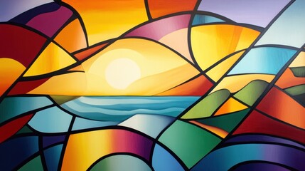 Poster - Colorful stained glass mosaic depicting a vibrant sunset over ocean