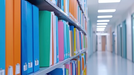 Poster - A vibrant bookshelf filled with colorful folders lines a well-lit hallway, showcasing an organized study or office environment.A close-up of medical records in a file cabinet, focusing on the various 