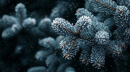 Poster - Frozen fir tree branch with snow flakes. Wintery outdoor scene. Background with blurred greenery. Use seasonal backgrounds