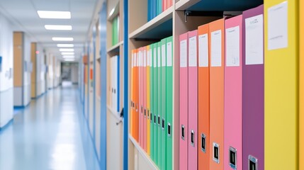 Poster - A vibrant corridor lined with organized colorful file folders on shelves, showcasing a clean and structured office environment.A close-up of medical records in a file cabinet, focusing on the various 