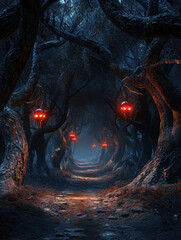 A haunted forest with twisted trees and glowing red eyes in the darkness